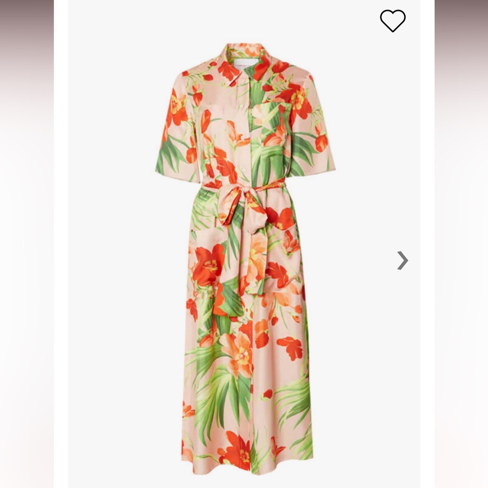 CAROLINA HERRERA Shell Pink Tie Waist Floral Midi Shirt Dress